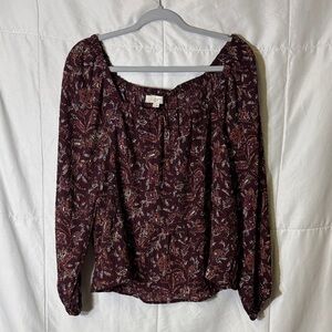 LOFT Paisley Floral Long Sleeve Blouse Smocked Neckline Burgundy Size M‎